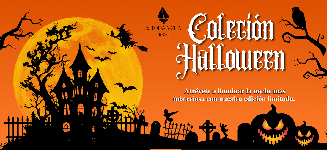 Banner de la colección de velas artesanales de Halloween de A Toda Vela BCN, con bruja, calabazas y casa embrujada para edición limitada.