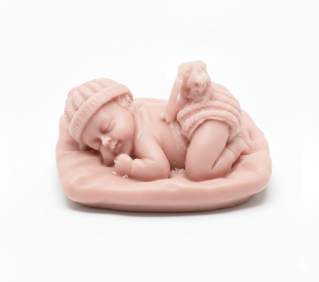 Vela Escultura Bebé Durmiendo, color rosa pálido. Souvenir de lujo y amor para Bautizo o regalo de nacimiento de niña. Artesanal y ecológico.