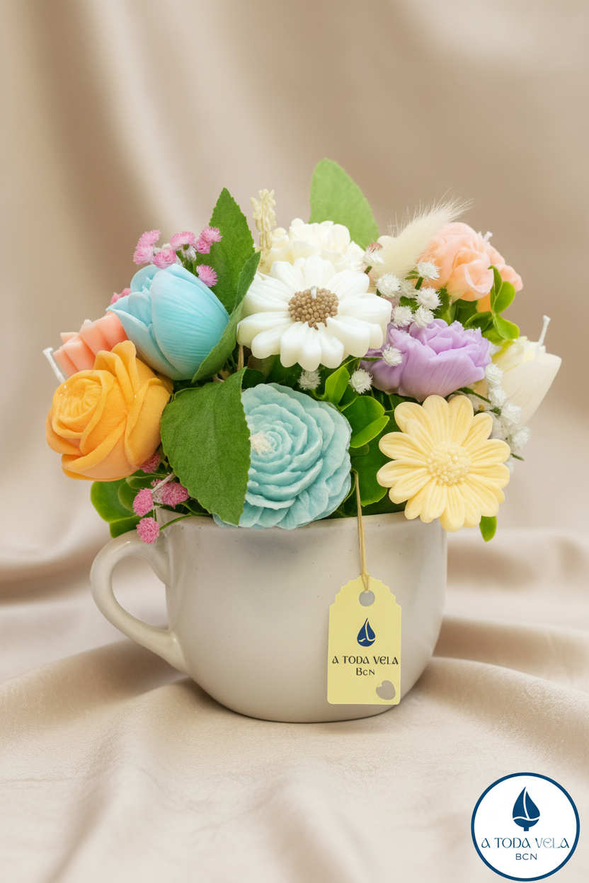 Taza con Ramo de Velas Beirut. Regalo de lujo en taza blanca, flores de cera ecológica en colores pastel. Detalle original y artesanal con etiqueta de marca.