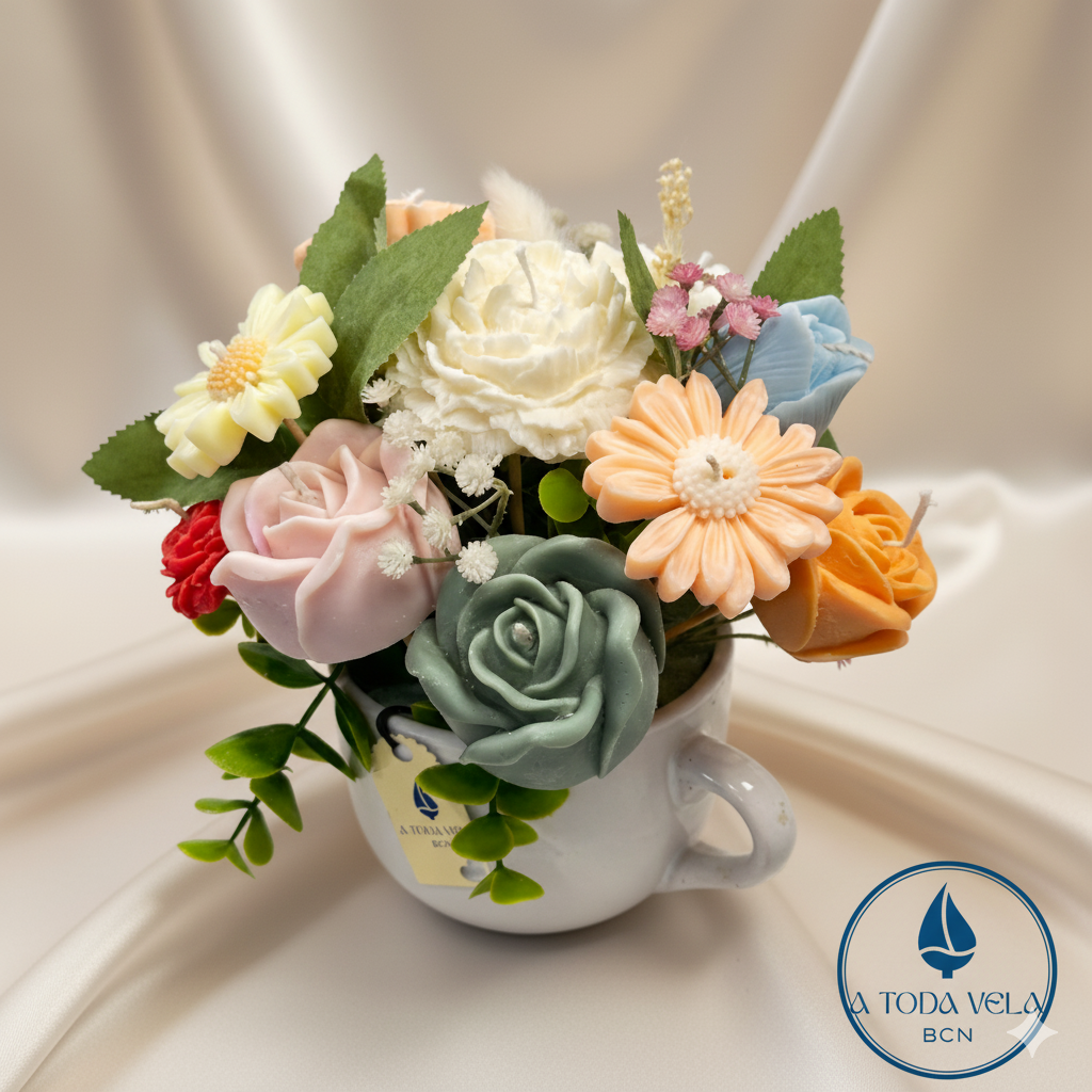 Ramo de Velas de Cera en taza. Souvenir de lujo floral y colorido, perfecto como regalo original para cumpleaños y decoración de mesa.