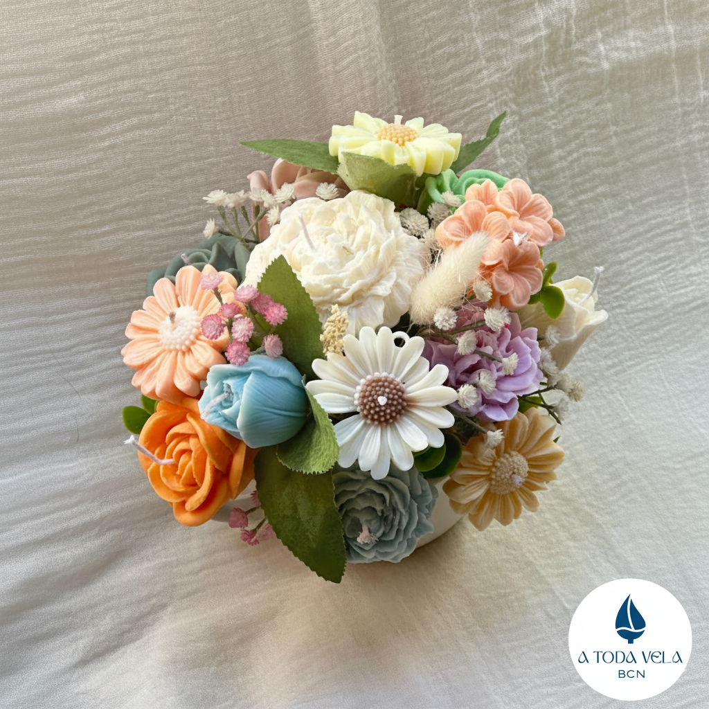 Centro de Mesa Floral de Cera Beirut. Arreglo de lujo en tonos vibrantes (coral, azul, amarillo). Decoración 100% ecológica para eventos y regalo.