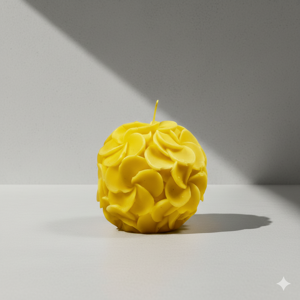 Vela Esfera Floral de Rosetas, color amarillo vibrante. Pieza central de lujo 100% ecológica para la decoración de la fiesta de XV Años.