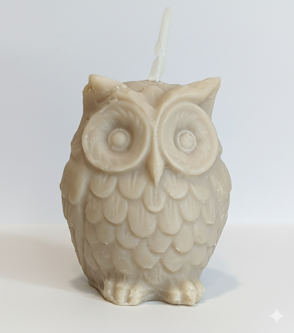Vela Búho Escultura 3D. Figura de la sabiduría en cera ecológica, regalo de lujo para decoración de estudio o aniversario sofisticado.