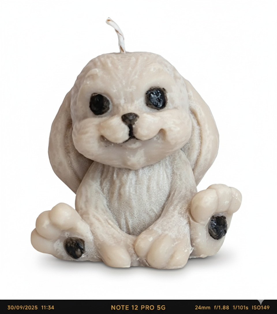 Vela Cachorro de orejas caídas 3D. Figura de lujo en cera vegetal blanca, regalo memorable y ecológico para amantes de los perros y cumpleaños.