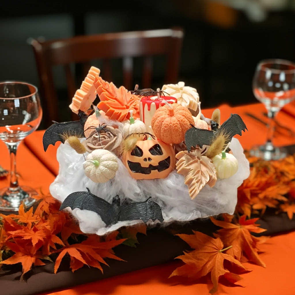 Centro de Mesa Artesanal de Halloween con Flores de Cera