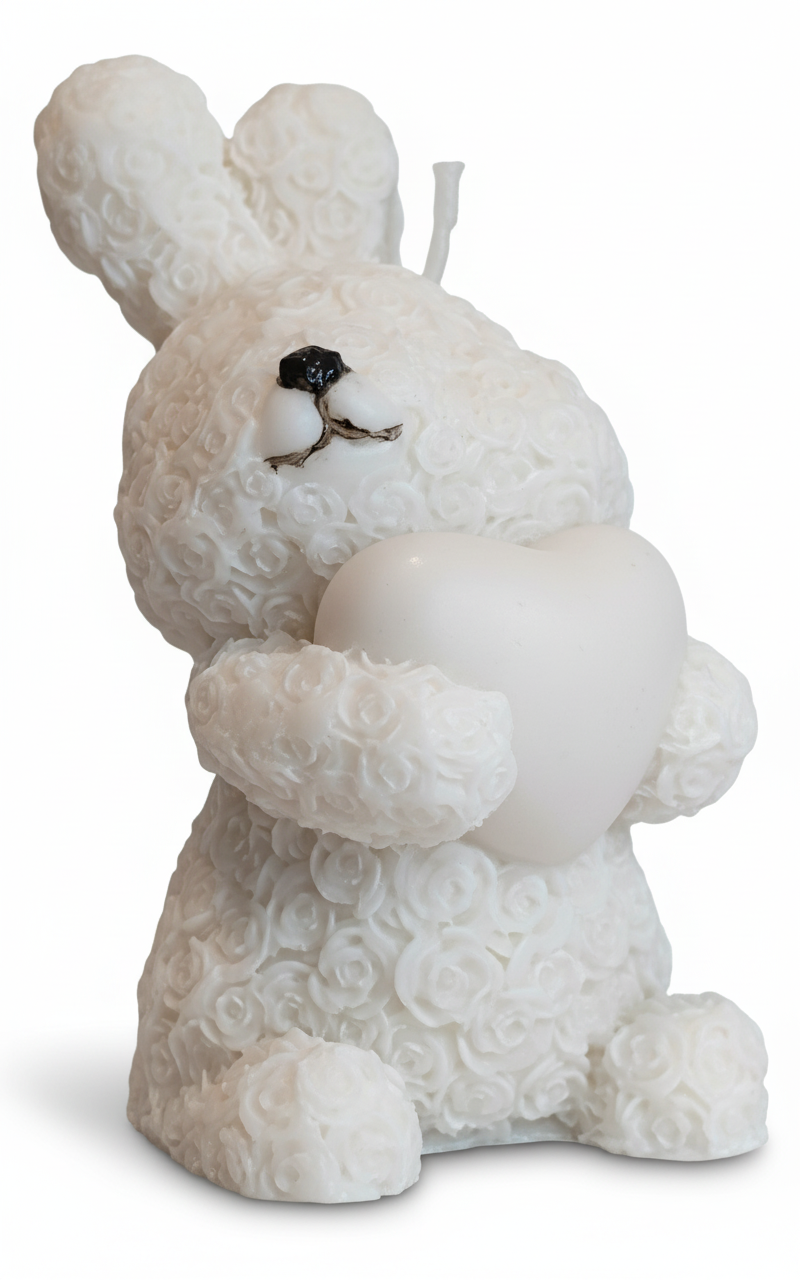 Vela Conejo de lujo sosteniendo un corazón. Escultura de cera ecológica con textura rizada, ideal para cumpleaños románticos o regalo de aniversario.