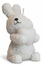 Vela Conejo de lujo sosteniendo un corazón. Escultura de cera ecológica con textura rizada, ideal para cumpleaños románticos o regalo de aniversario.