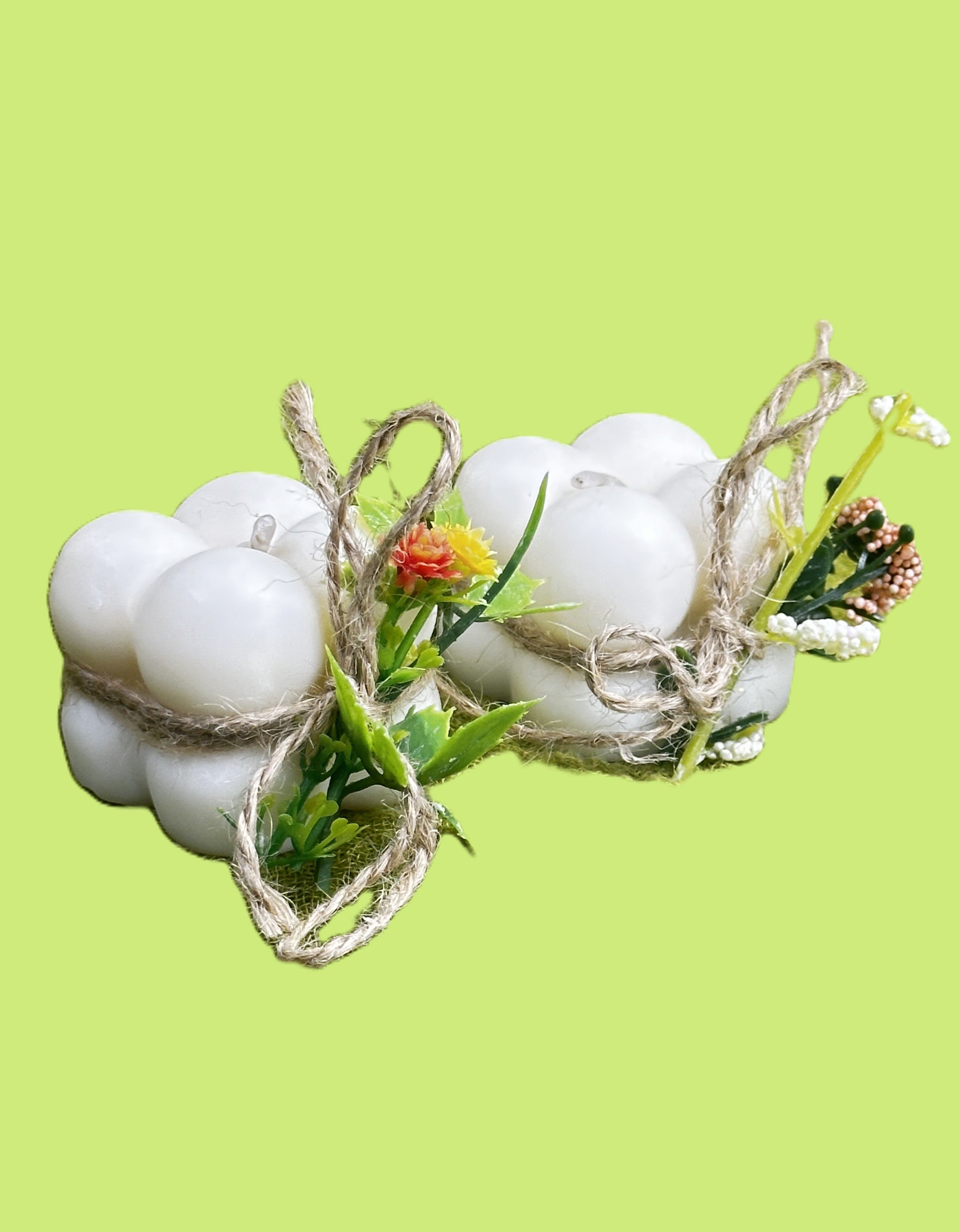 Vela Burbuja Baby Shower Rústica, decoración de lujo orgánica. Detalle ecológico con cuerda de yute y flores secas para bautizos y eventos.