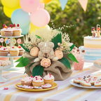 Centro de velas para baby shower con osito de cera en mesa de celebración infantil