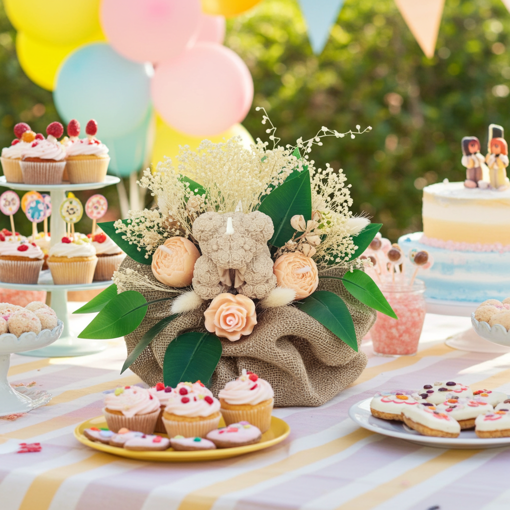 Centro de velas para baby shower con osito de cera en mesa de celebración infantil