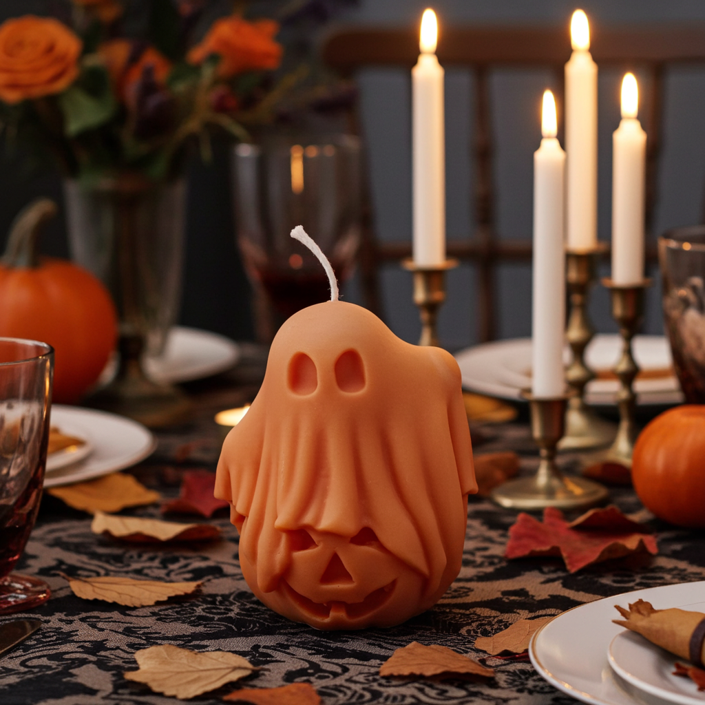 Vela Artesanal de Halloween "Fantasma sobre Calabaza"