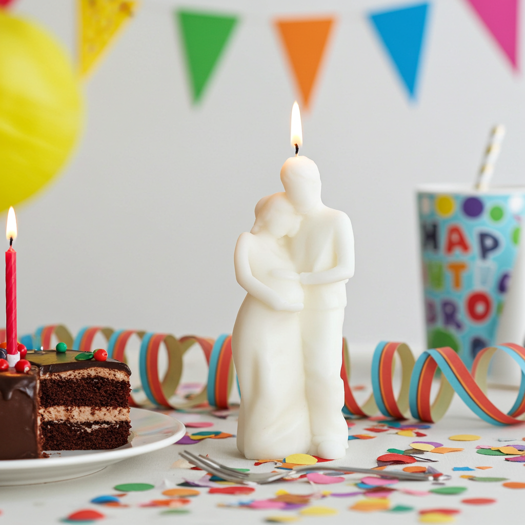 Vela de pareja embarazada decorando una mesa de baby shower.