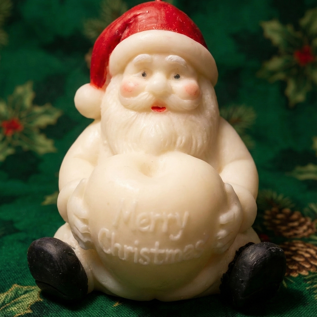 Primer plano de una vela decorativa navideña de cera con forma de Papá Noel sentado, llevando un gorro rojo y botas negras, y sosteniendo un gran corazón blanco con la inscripción "Merry Christmas" en relieve, todo sobre un fondo de tela verde oscuro con patrones de acebo y piñas.