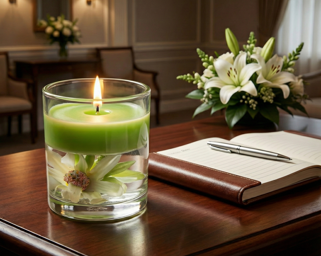 Vela conmemorativa encendida de cera verde y gel con flor interior. Situada en una mesa de firmas con libro de condolencias y un arreglo floral de lirios blancos al fondo en un entorno solemne