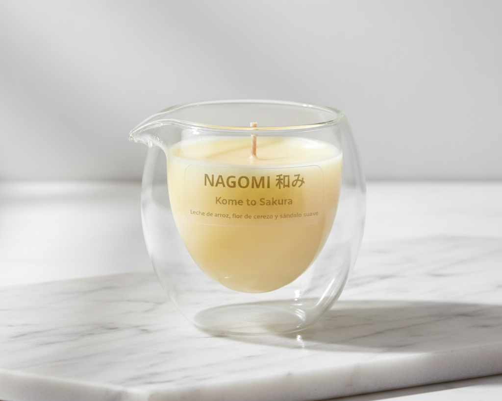 Vela de Masaje Kome to Sakura de NAGOMI, en vaso de cristal doble capa, sobre una elegante pieza de mármol blanco, con brillo y claridad mejorados.