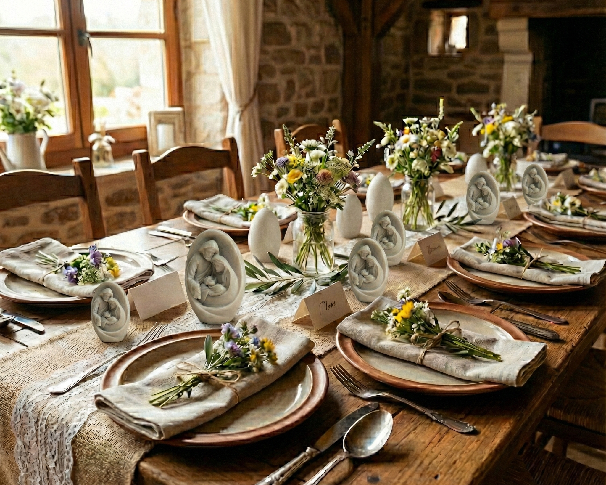Pequeñas velas con figura de la Sagrada Familia en color gris para recuerdo de bautizo. Detalles para invitados colocados individualmente junto a la vajilla en una mesa de celebración estilo rústico.