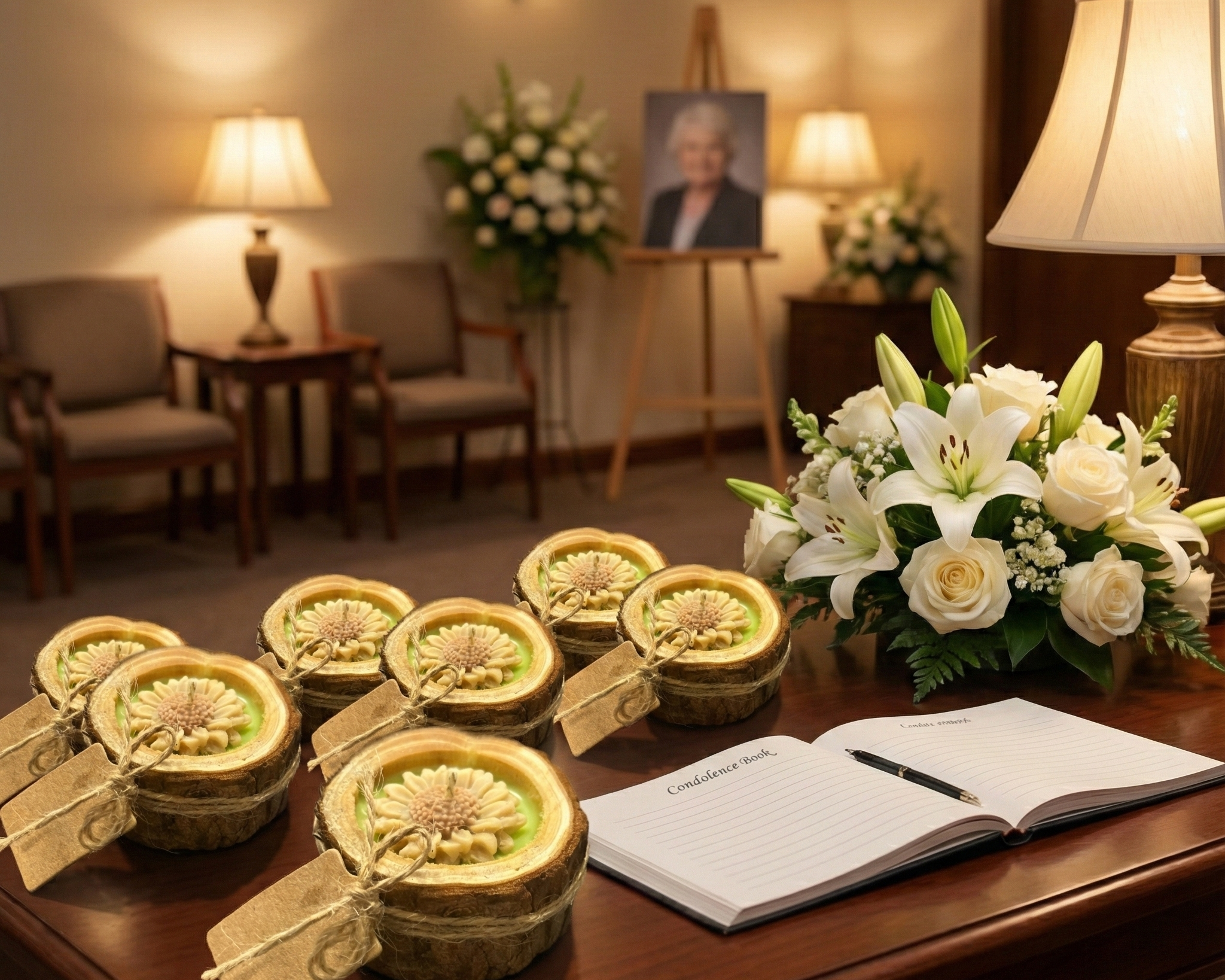 Velas recordatorio para velatorio en base de tronco de madera. Detalles rústicos para asistentes dispuestos sobre una mesa de condolencias en un tanatorio, junto al libro de firmas y arreglos florales.