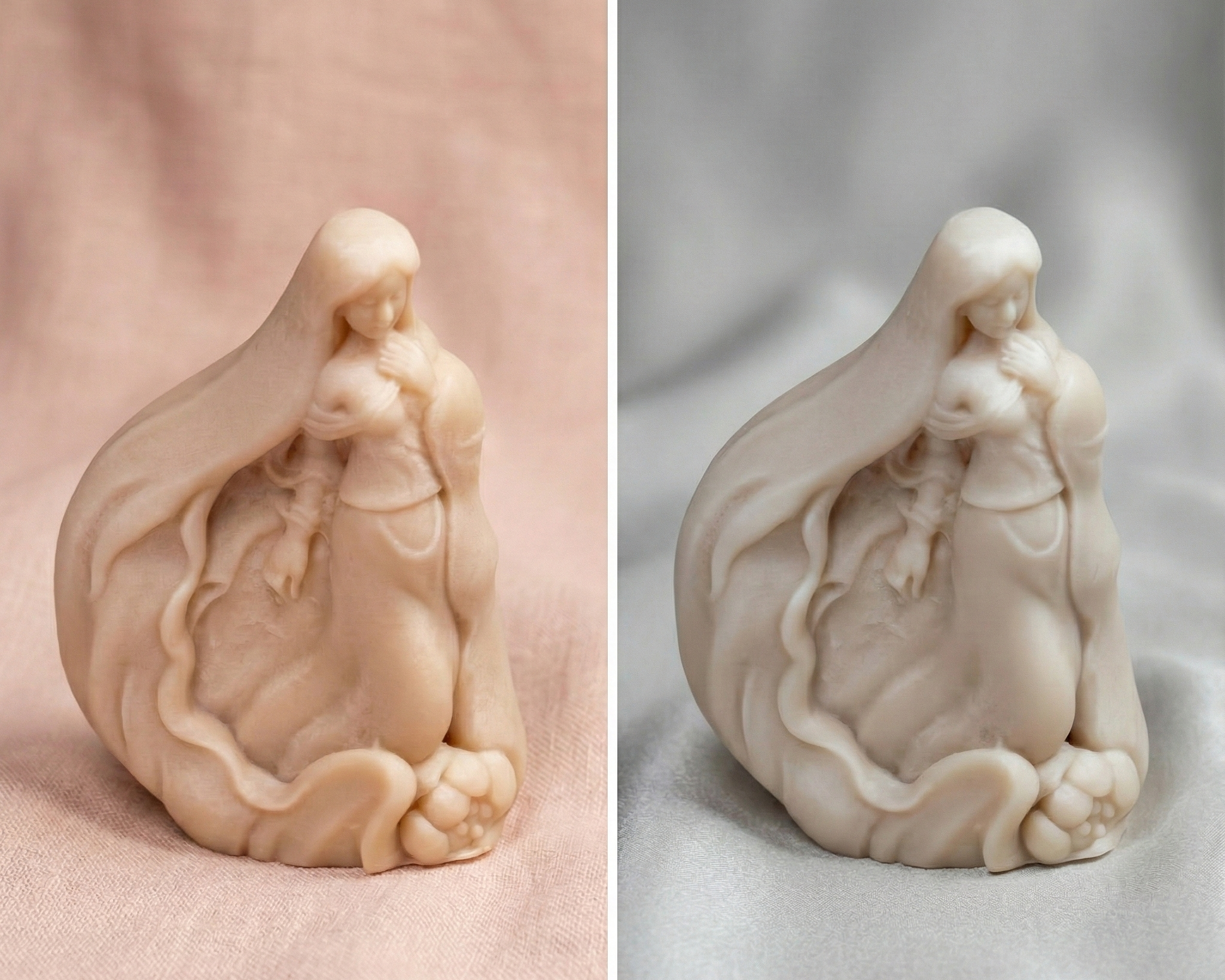 Vela escultura figura simbólica de mujer para recuerdo de XV años. Detalle de lujo en cera natural presentado sobre un fondo gris perla suave.