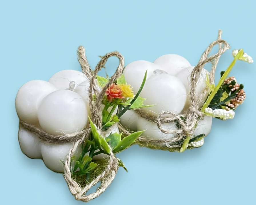 Dos velas blancas con forma de burbujas, envueltas individualmente con cuerda rústica y adornadas con pequeñas flores artificiales de colores y hojas verdes, sobre un fondo azul claro.