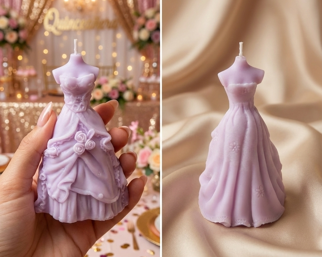Collage de dos imágenes mostrando velas decorativas de cera lavanda con forma de vestido para celebraciones de quinceañera. A la izquierda, un diseño detallado sostenido en una mano durante una fiesta, y a la derecha, un diseño más sencillo sobre tela satinada beige