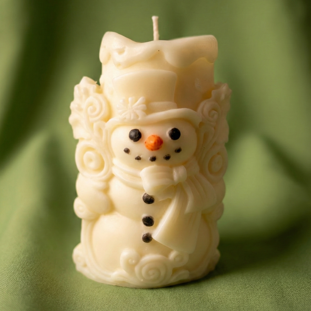 Vela decorativa navideña de cera color marfil tallada en forma de muñeco de nieve, con detalles pintados de ojos negros, nariz naranja, botones y un sombrero de copa y bufanda en relieve.