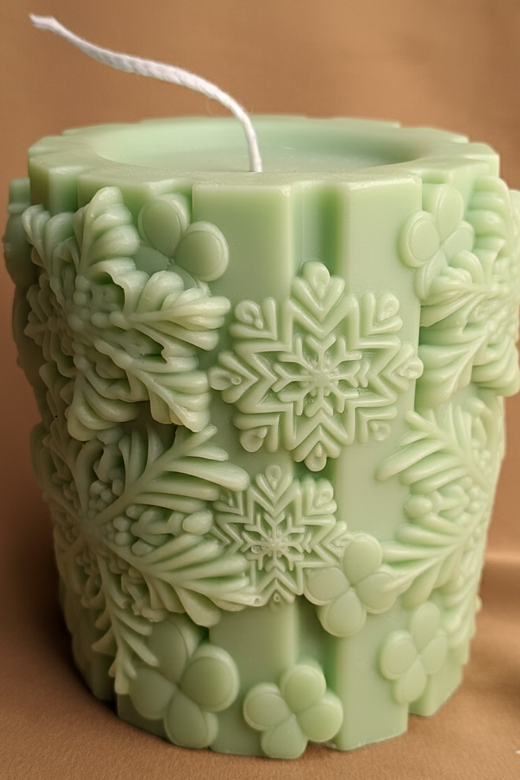 Vela Muñeco Nieve Copos, cilíndrica, verde menta con relieves detallados de copos, con brillo y contraste mejorados, sobre un fondo marrón suave.