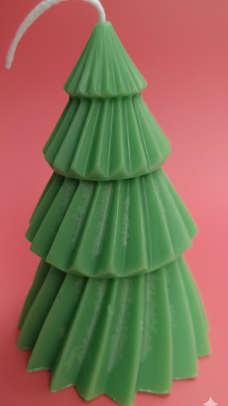 Vela Artesanal Árbol de Navidad Verde con diseño escalonado, color verde sólido, sobre un fondo rojo muy claro.