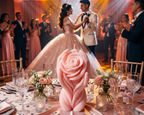 Vela escultural de cera rosa con forma de rosa sostenida por manos, utilizada como centro de mesa en una lujosa celebración de quinceañera mientras la pareja baila el vals al fondo