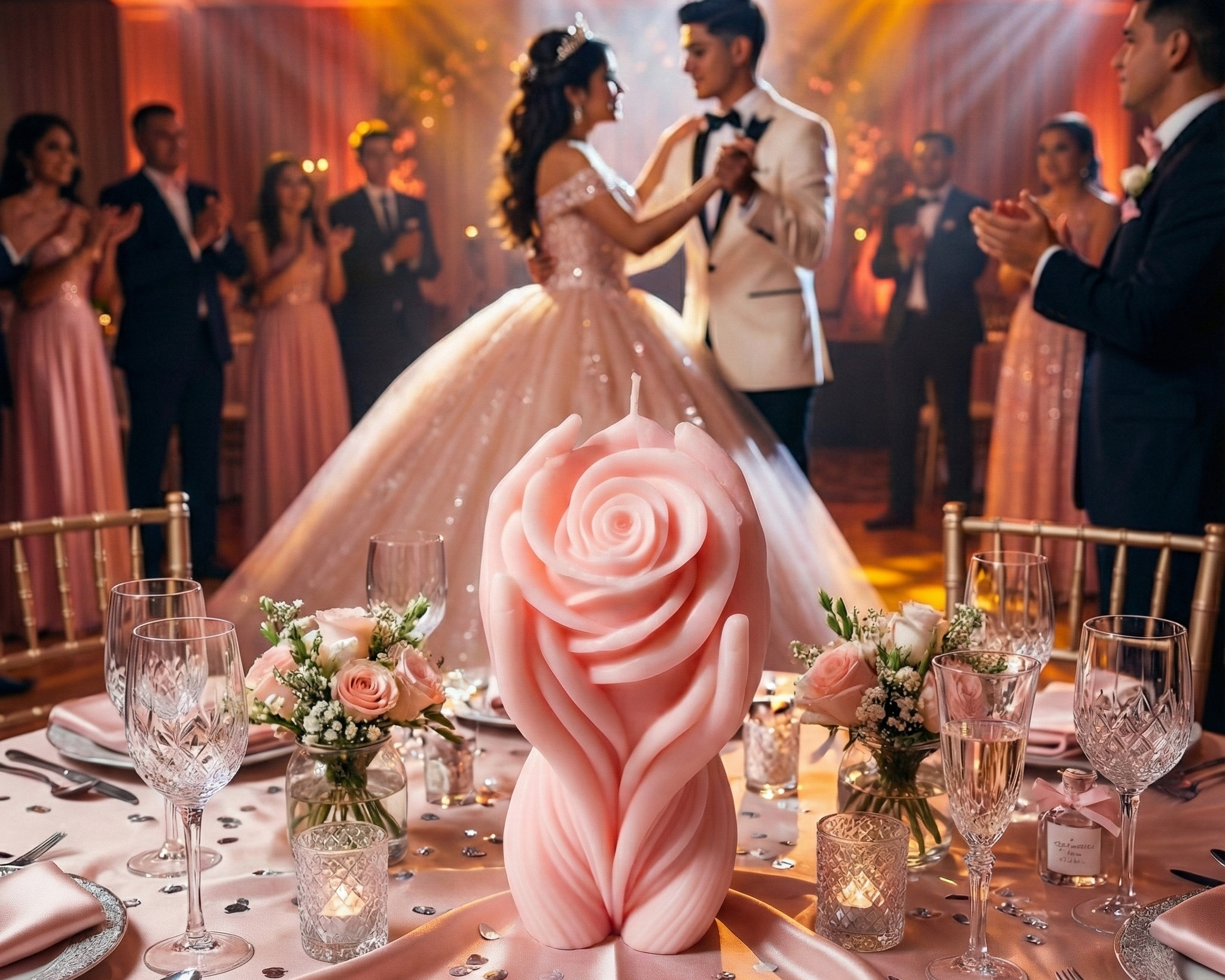 Vela escultural de cera rosa con forma de rosa sostenida por manos, utilizada como centro de mesa en una lujosa celebración de quinceañera mientras la pareja baila el vals al fondo