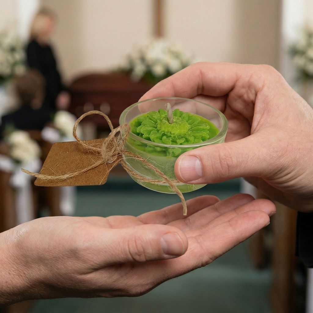 Pequeña vela de recuerdo para asistentes a funerales o tanatorios. Velita en vaso de cristal con flor de cera verde y etiqueta rústica de agradecimiento.