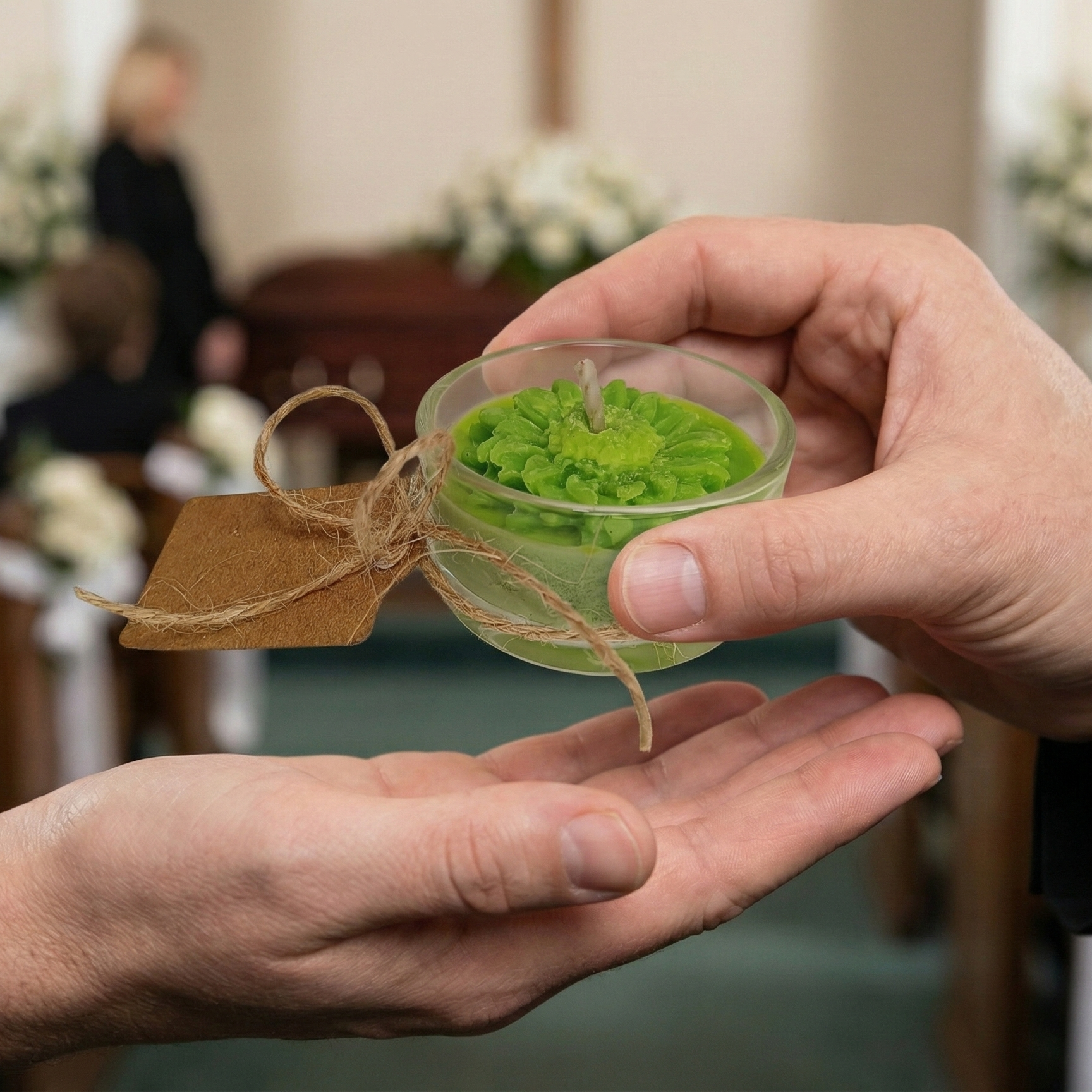 Pequeña vela de recuerdo para asistentes a funerales o tanatorios. Velita en vaso de cristal con flor de cera verde y etiqueta rústica de agradecimiento.