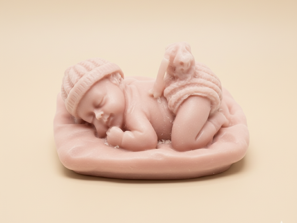 Vela Bebé Durmiendo Escultura, figura de bebé dormido rosa con gorrito y pañal, brillo y contraste mejorados, sobre un fondo beige champagne.