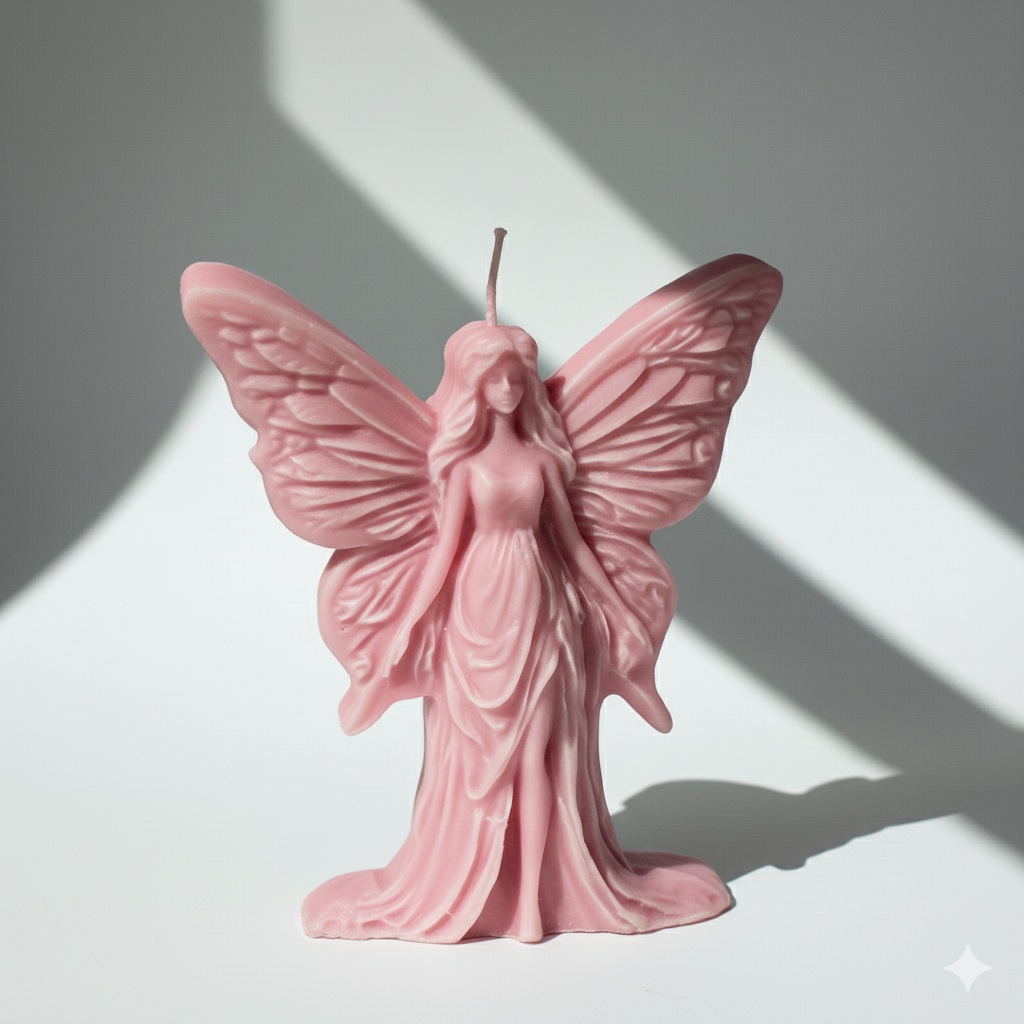 Vela Ninfa Alada escultura, color rosa. Detalle de lujo y pureza, souvenir ecológico para la ceremonia de Primera Comunión de niña.