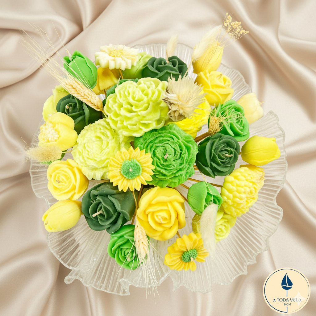 Detalle del bouquet de velas de cera vegetal. Rosas y tulipanes en colores amarillo y verde esmeralda. Arreglo floral sostenible para eventos primaverales.