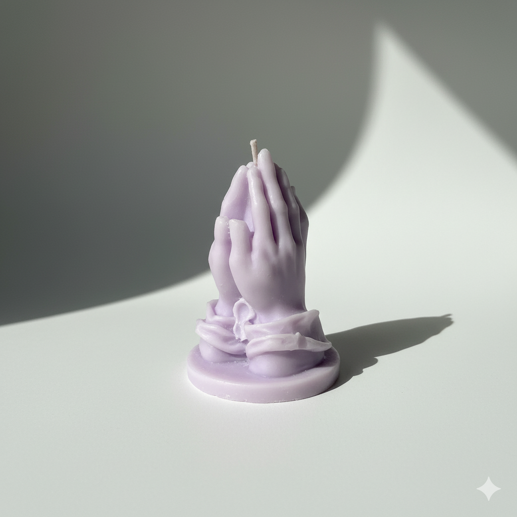 Vela Manos Rezando Escultura, color lila. Símbolo de fe y oración, recuerdo de lujo para Primera Comunión o Bautizo. Cera vegetal artesanal.