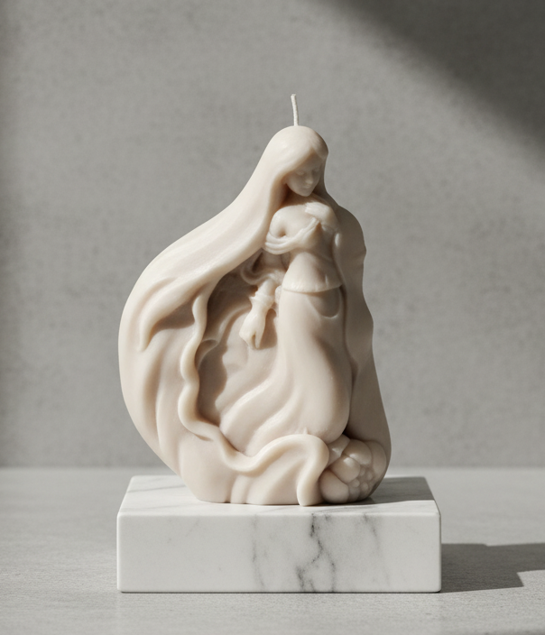 Vela Escultura Simbólica de lujo (Madre e Hija) sobre base de mármol. Símbolo de protección para ceremonia de XV Años. Cera vegetal ecológica.
