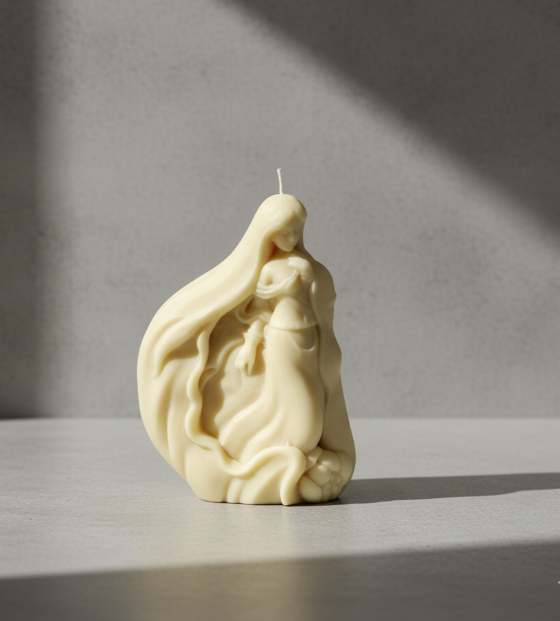 Vela Figura Etérea para Quinceañera, color crema. Escultura que representa la transición y el apoyo familiar. Detalle artesanal 100% ecológico.