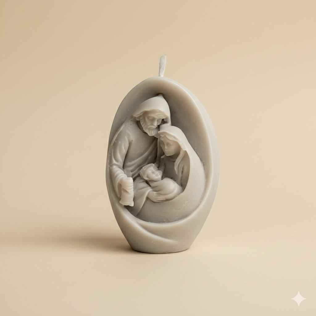 Vela Escultura Sagrada Familia de lujo, color piedra. Detalle religioso y ceremonial, recuerdo de Bautizo 100% cera vegetal ecológica.