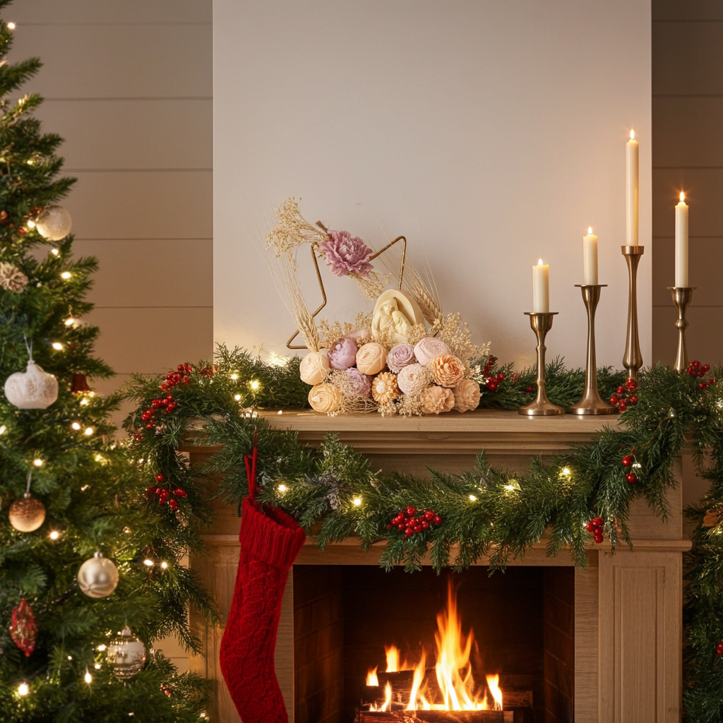 Vela Artesanal "Nacimiento Navideño" con Flores y Trigo