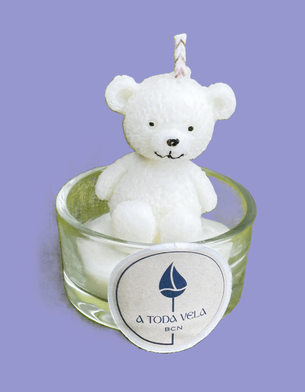 Vela Figura de Osito Blanco para Baby Shower. Souvenir de lujo en envase de cristal, 100% cera vegetal artesanal