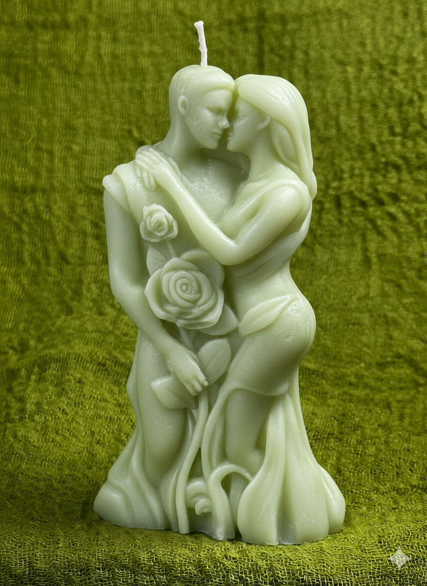 Vela Escultura Pareja Clásica con Rosas, color verde claro. Símbolo de amor y lujo, detalle ecológico para boda, aniversario o San Valentín.