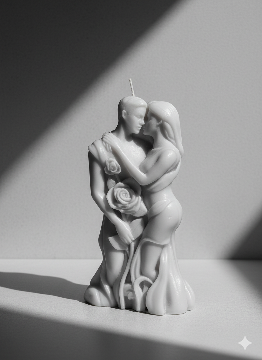 Vela Pareja Romántica Escultura, color blanco y negro. Pieza de lujo con diseño de rosas, ideal para decoración nupcial o regalos de compromiso.