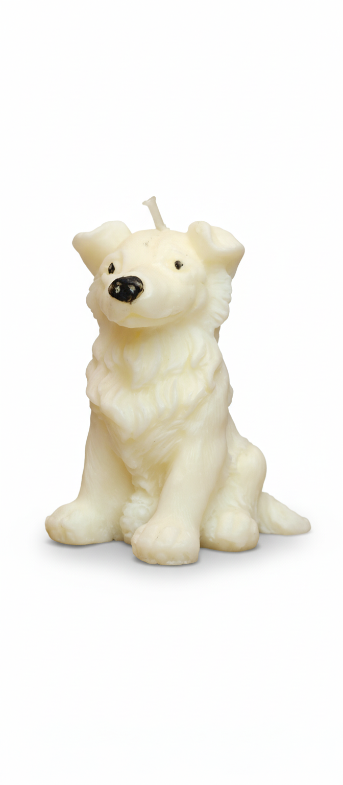 Vela Perro sentado de pelo largo. Figura de lujo y artesanía, detalle ecológico y adorable para regalo de cumpleaños de mascotas.