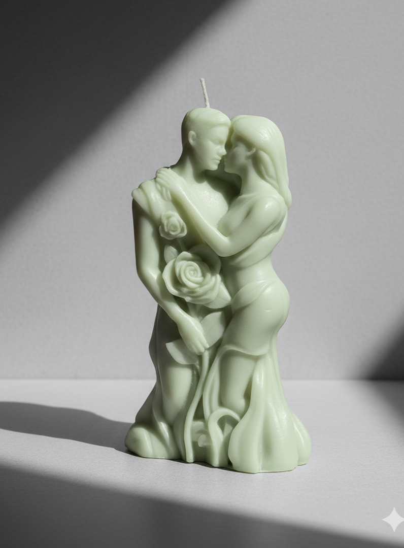Escultura de cera Pareja Clásica y Rosas, color verde menta. Regalo artesanal de lujo 100% ecológico, para celebrar el amor y la unión.
