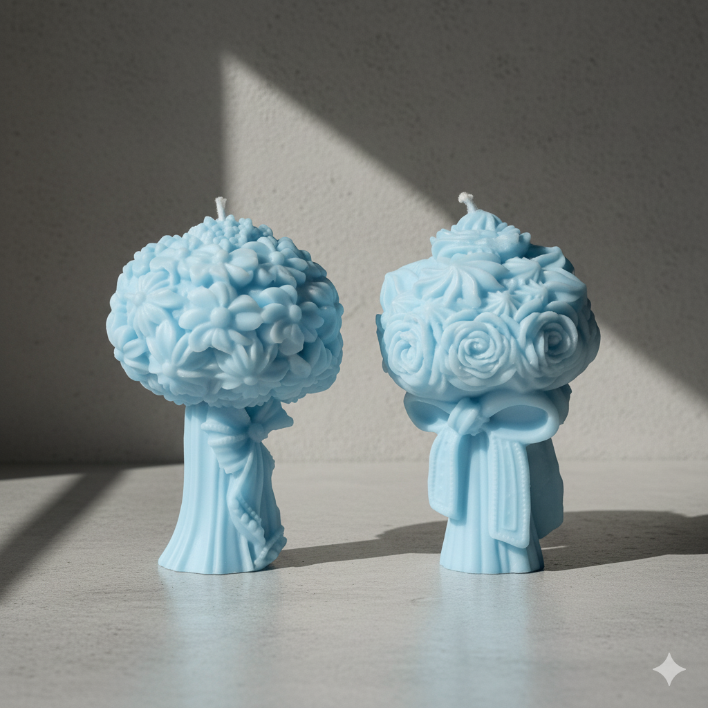 Vela Ramo de Rosas y Flores escultura, color azul celeste. Souvenir de lujo 100% cera vegetal, ideal para baby shower, bautizo o decoración de mesa.