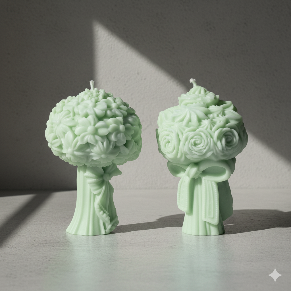 Escultura de cera Ramo de Flores con Lazo, color verde menta. Pieza central de lujo para eventos primaverales y regalo elegante para madres.