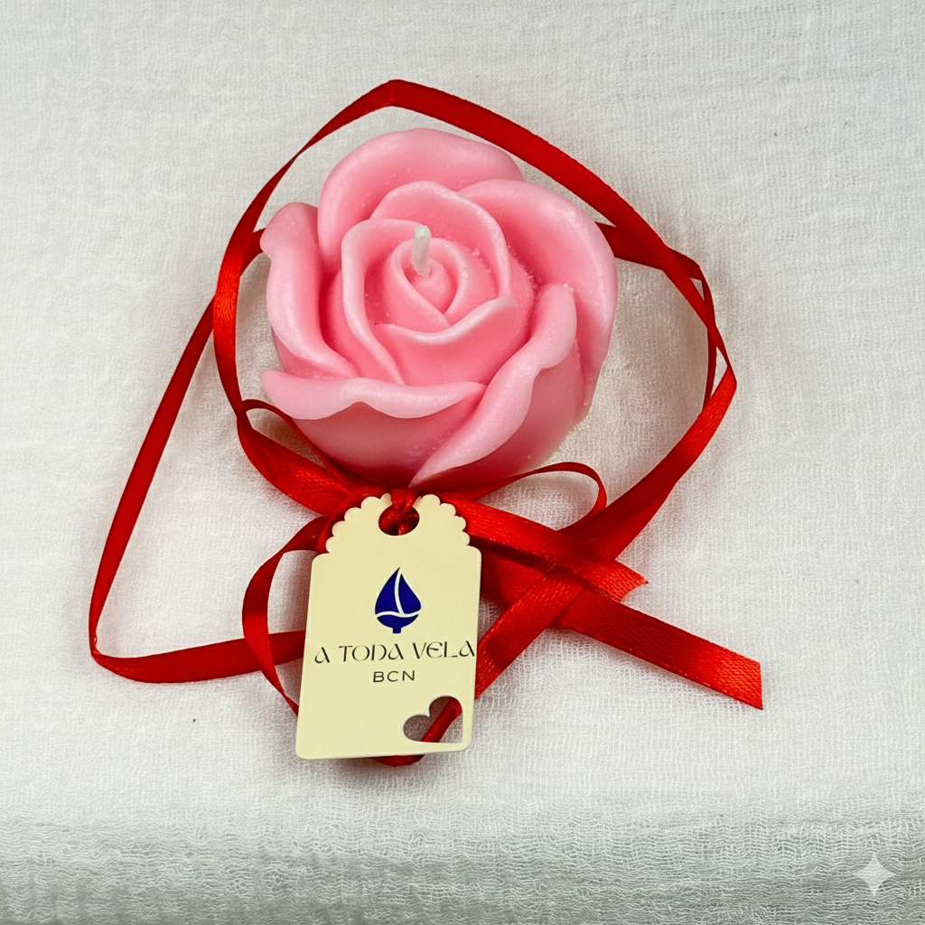 Vela Rosa de Bautizo de lujo, color rosa. Detalle ceremonial con cinta roja y etiqueta, 100% cera vegetal ecológica para invitados.