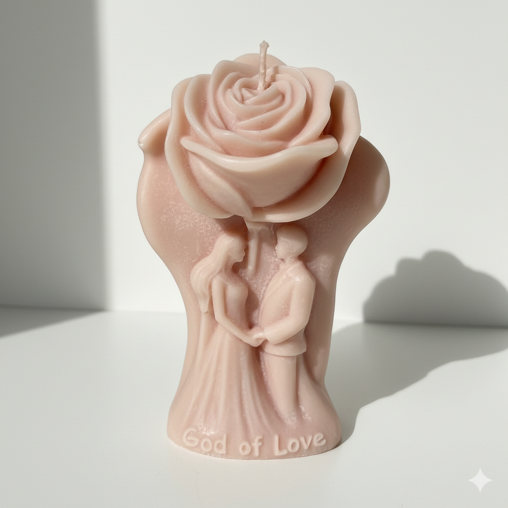 Vela Escultura Pareja Nupcial y Rosa de lujo, color rosa pálido. Recuerdo ceremonial de boda o aniversario, 100% cera vegetal.