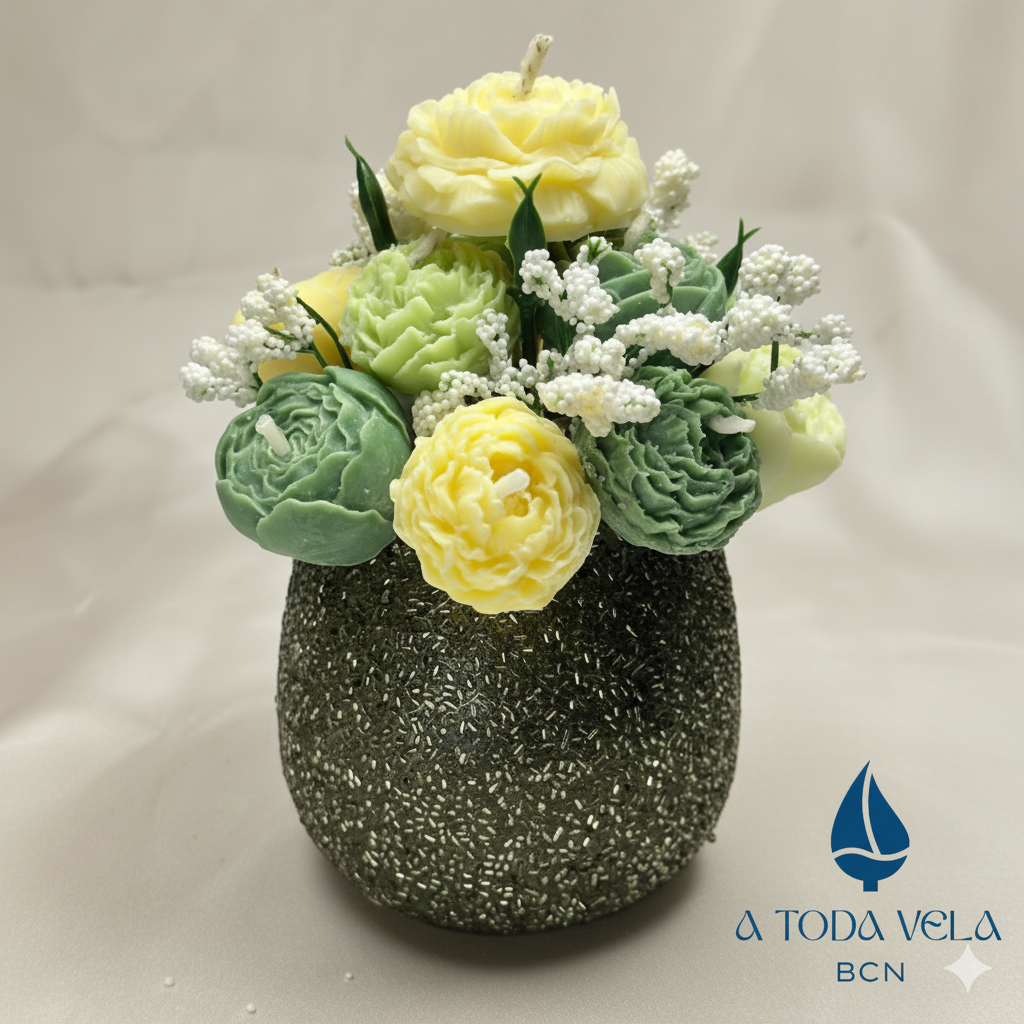 Centro de Mesa de Lujo Salónica en jarrón con textura brillante. Arreglo floral ecológico en tonos amarillo y verde, ideal para decoración de gala y eventos premium.