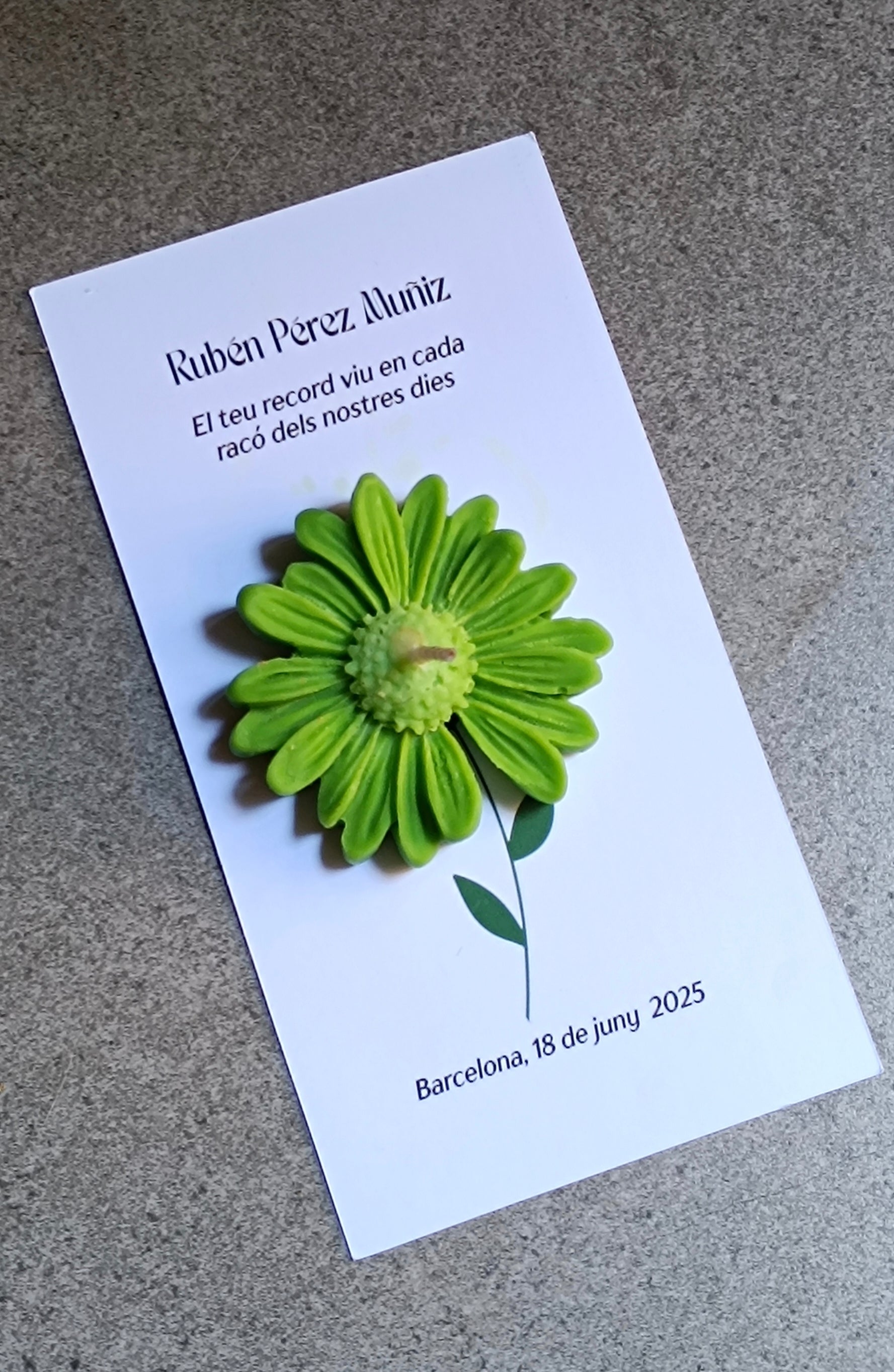 Vela de cera ecológica en forma de Margarita verde. Detalle de recuerdo 100% ecológico, personalizado con nombre y fecha (18 de junio 2025).